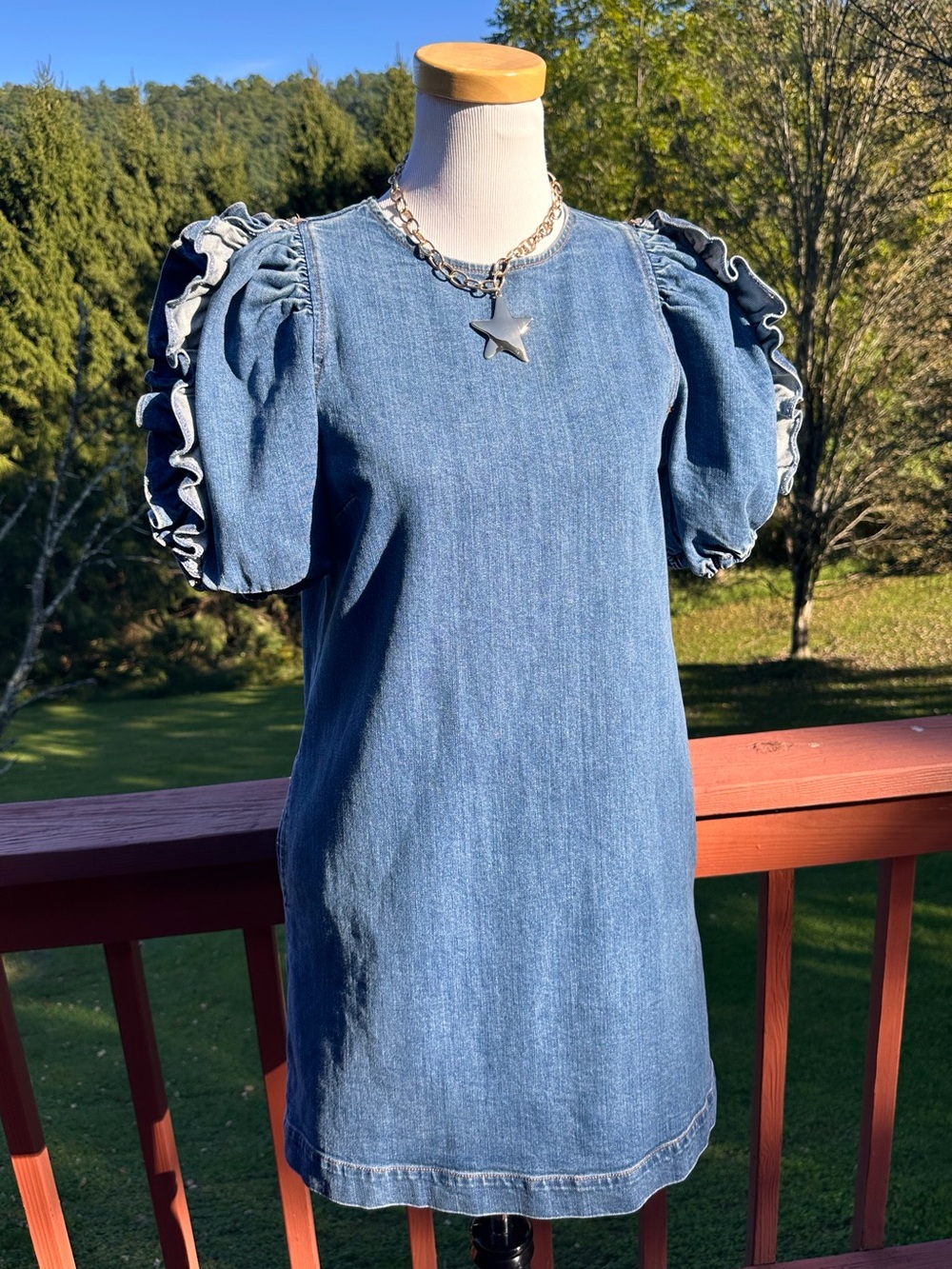 Ulla Johnson Poppy Denim Mini Dress with Ruffle Puff Sleeves